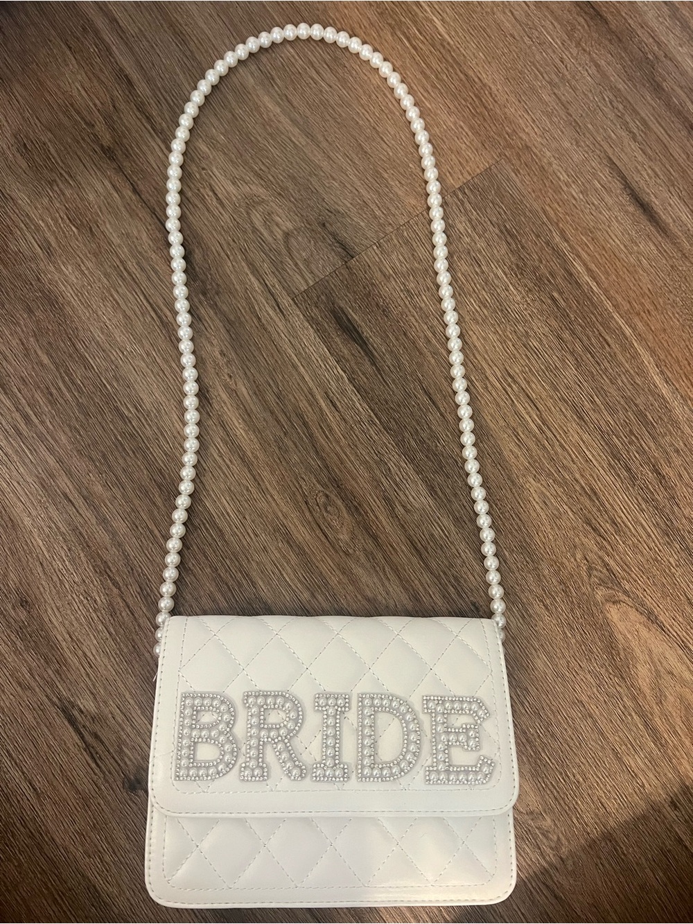 White 'BRIDE' Quilted Shoulder Bag with Pearl Strap